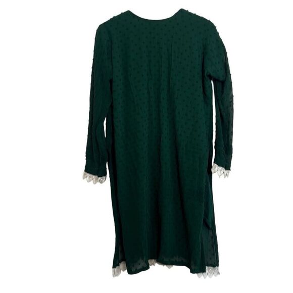 Moroccan Swiss Dot Long Sleeve Lace Trim Chiffon Kaftan Short Dress Green Small - Picture 5 of 5